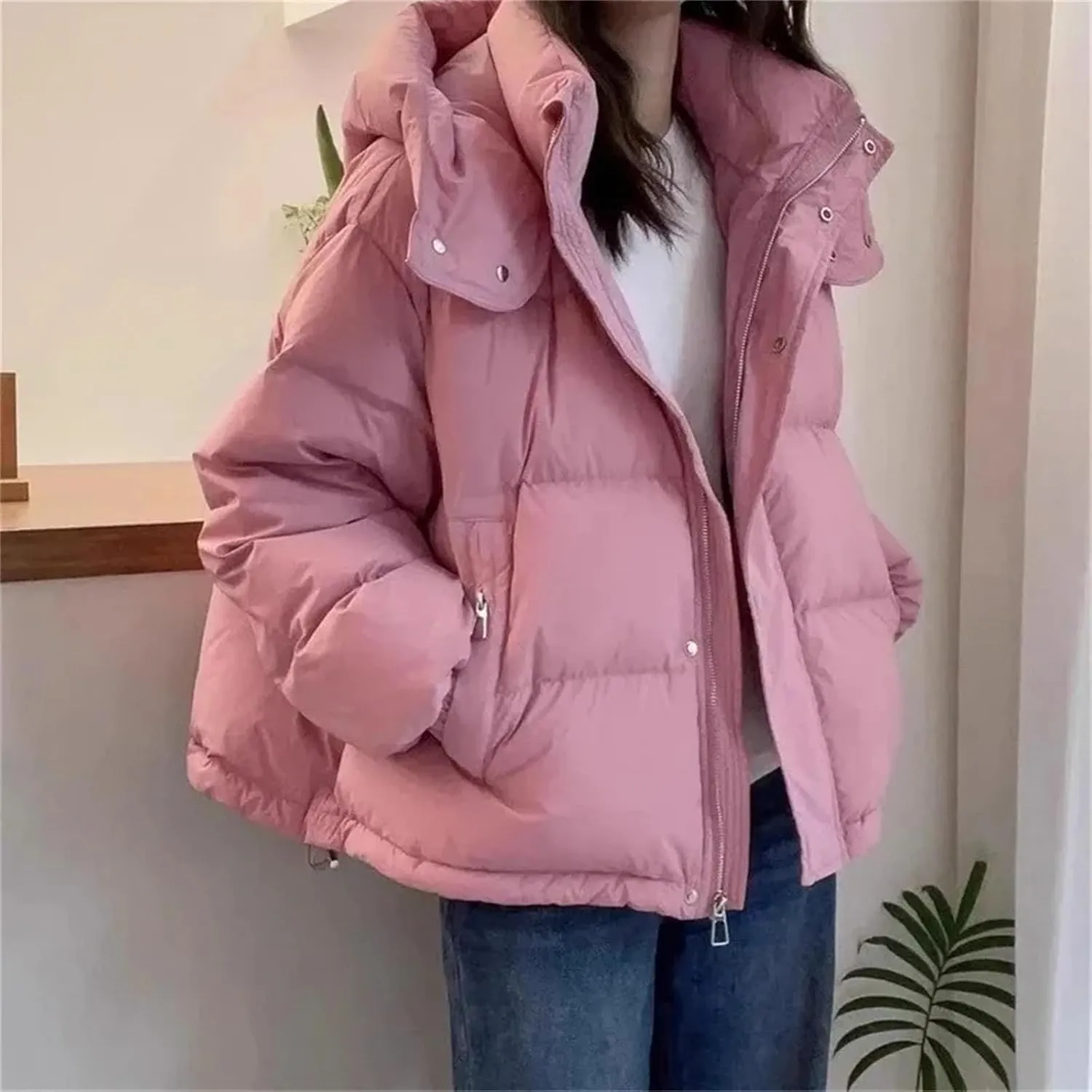 Women's Cotton Parka Hooded Thick Warm Loose Down Jacket Women Solid Color Fashion Zipper Coat