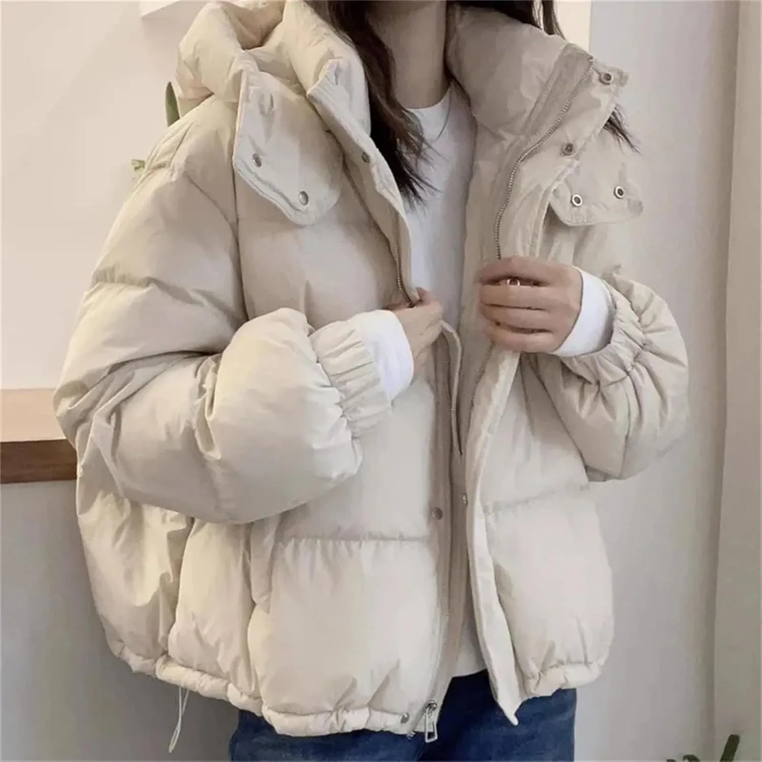 Women's Cotton Parka Hooded Thick Warm Loose Down Jacket Women Solid Color Fashion Zipper Coat