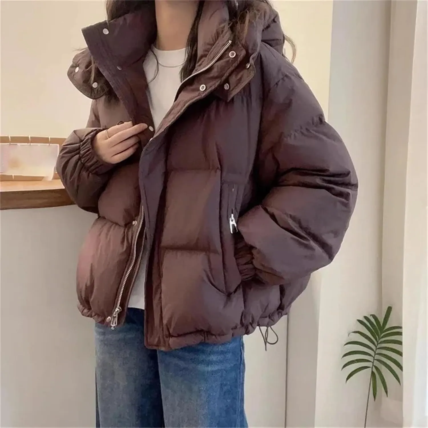 Women's Cotton Parka Hooded Thick Warm Loose Down Jacket Women Solid Color Fashion Zipper Coat
