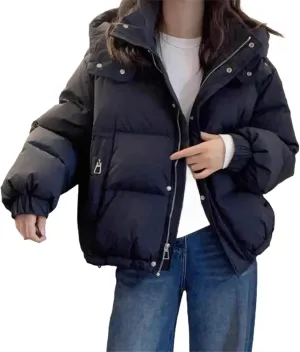 Women's Cotton Parka Hooded Thick Warm Loose Down Jacket Women Solid Color Fashion Zipper Coat