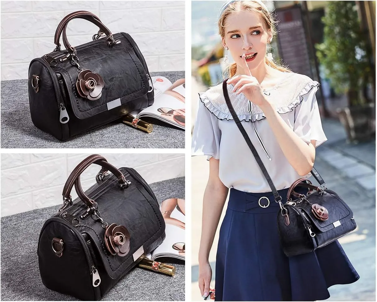 Women's Cylindrical Doctor Style Handbag Chic PU Leather Top Handle Satchel Crossbody Purse for Ladies