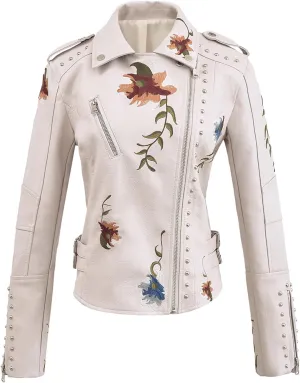 Women's Embroidered Studded Faux Leather Jacket Moto Punk Jacket Floral Coat