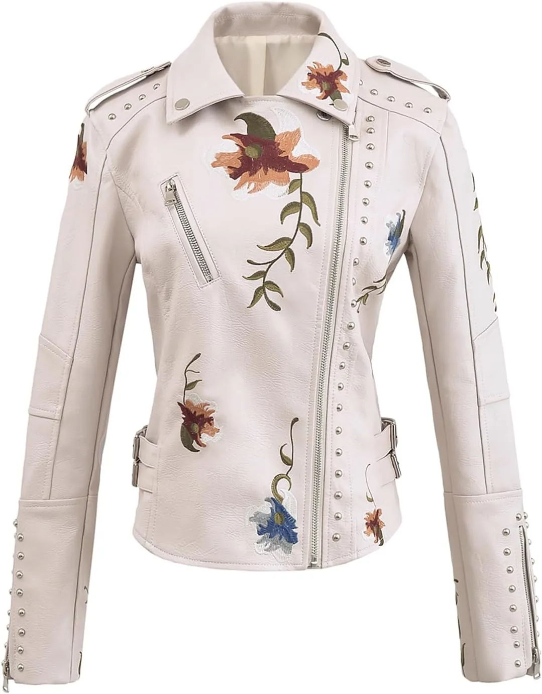 Women's Embroidered Studded Faux Leather Jacket Moto Punk Jacket Floral Coat