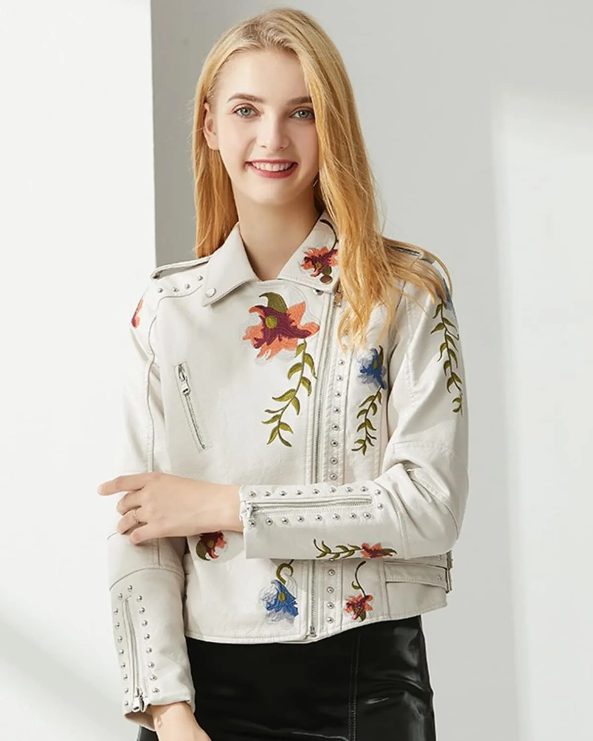 Women's Embroidered Studded Faux Leather Jacket Moto Punk Jacket Floral Coat