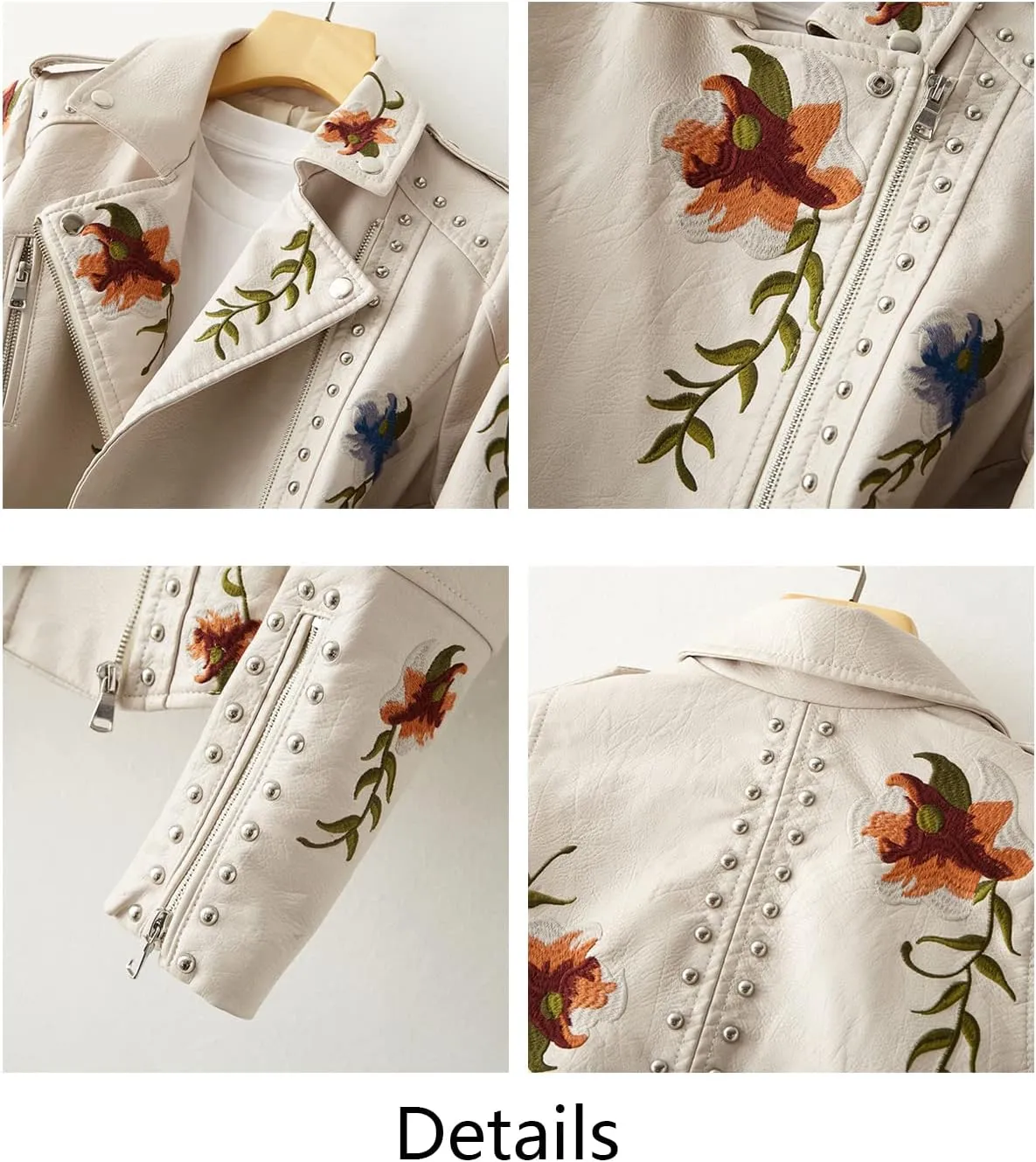 Women's Embroidered Studded Faux Leather Jacket Moto Punk Jacket Floral Coat