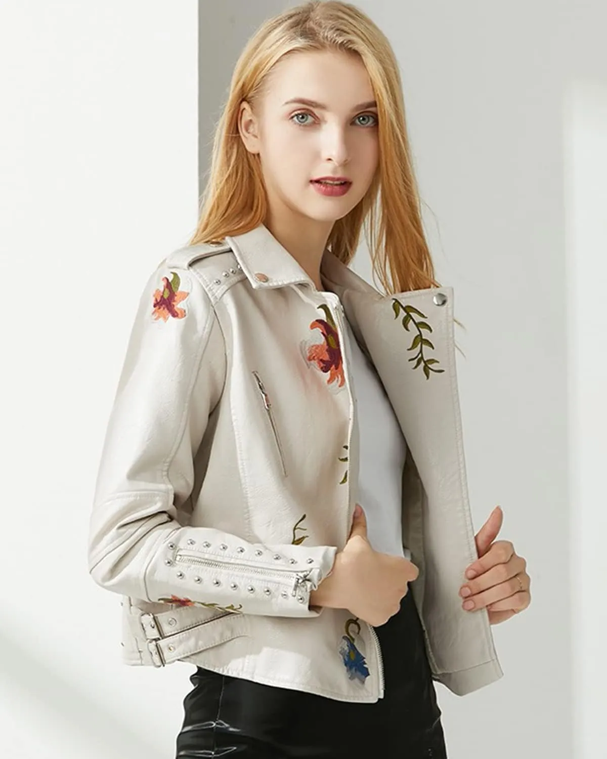 Women's Embroidered Studded Faux Leather Jacket Moto Punk Jacket Floral Coat