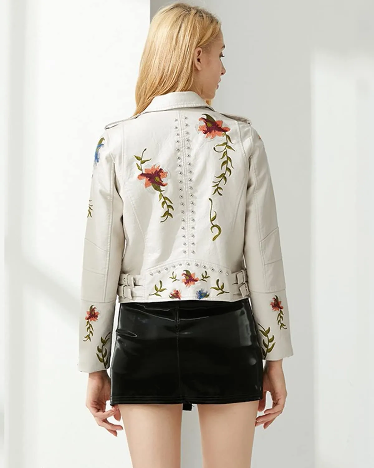 Women's Embroidered Studded Faux Leather Jacket Moto Punk Jacket Floral Coat