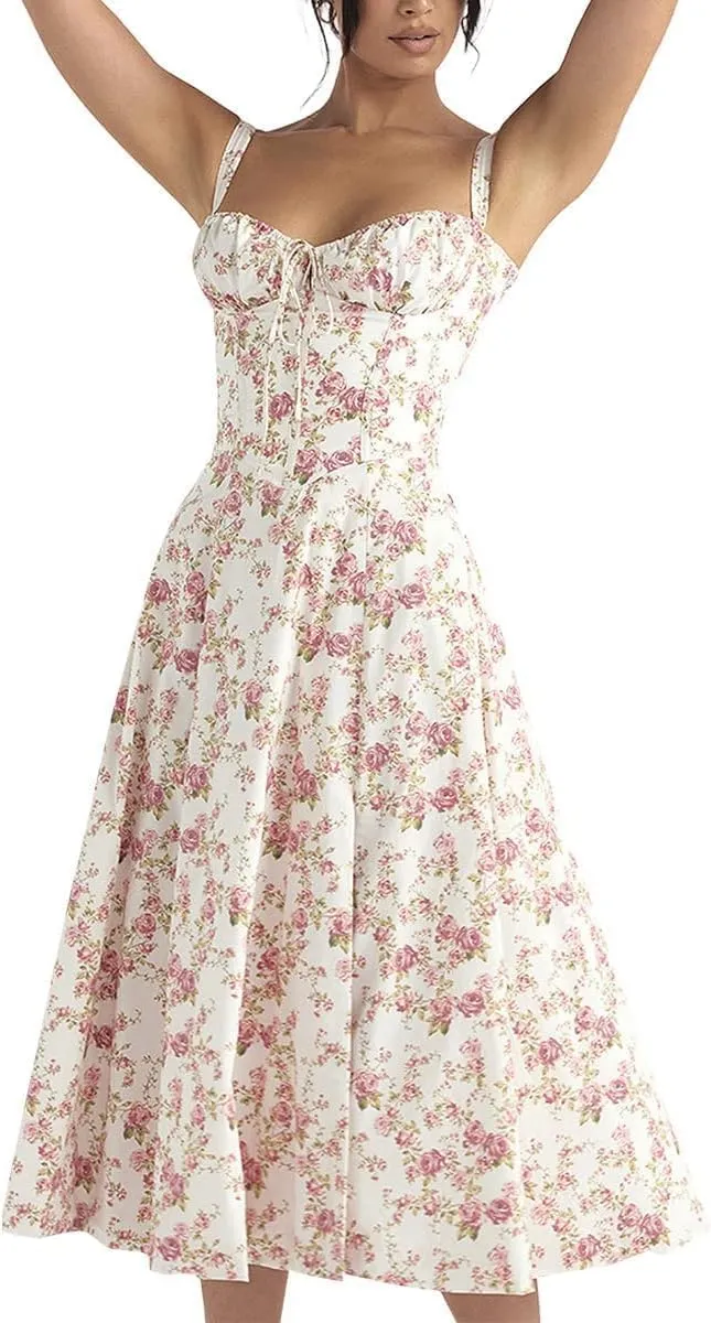 Women's Floral Corset Dress, Sleeveless Midi, Boho Summer, Spaghetti Straps, Square Neck, Casual Flowy with Slit (US, Alpha, Small, Regular, Regular, Red Floral)