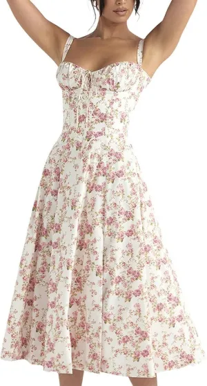 Women's Floral Corset Dress, Sleeveless Midi, Boho Summer, Spaghetti Straps, Square Neck, Casual Flowy with Slit (US, Alpha, Small, Regular, Regular, Red Floral)