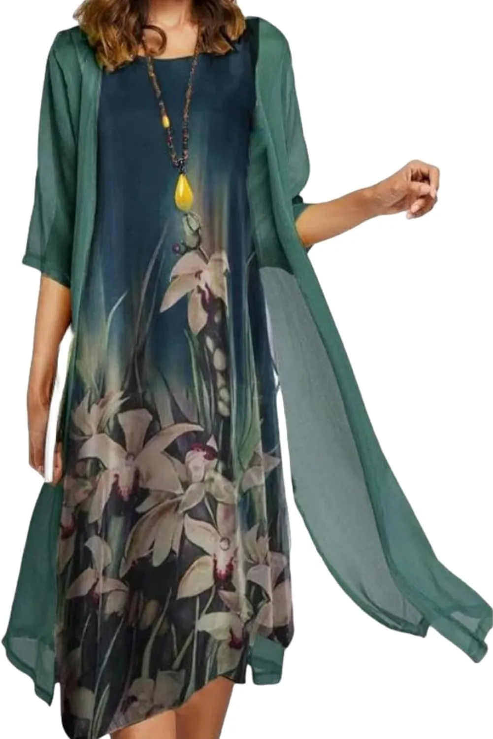 Womens Floral Print Midi Dress with Chiffon Cardigan Plus Size Sleeveless Two Piece Set for Wedding Guest Attire