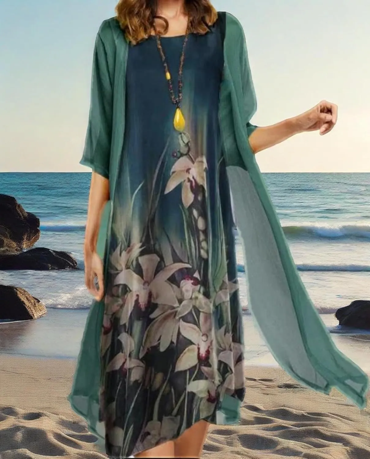 Womens Floral Print Midi Dress with Chiffon Cardigan Plus Size Sleeveless Two Piece Set for Wedding Guest Attire