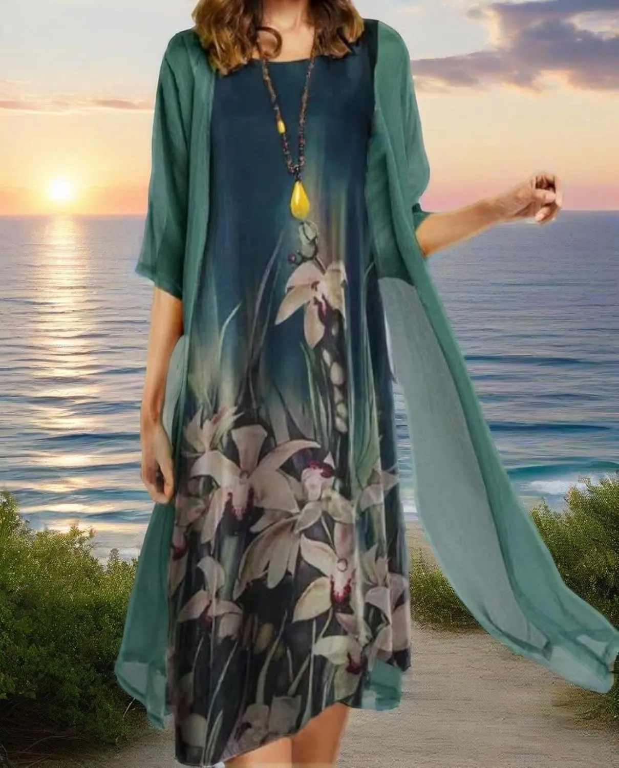 Womens Floral Print Midi Dress with Chiffon Cardigan Plus Size Sleeveless Two Piece Set for Wedding Guest Attire