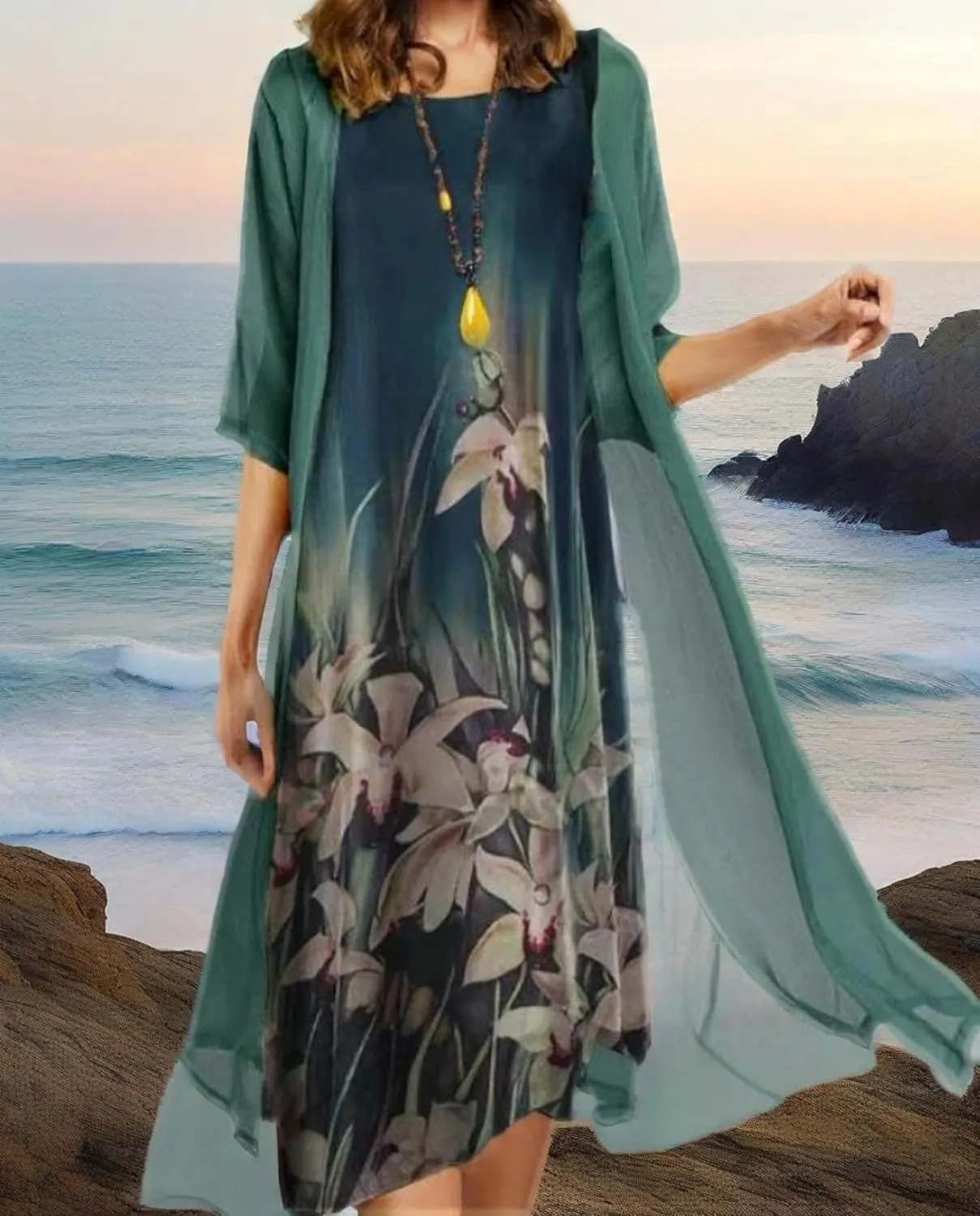 Womens Floral Print Midi Dress with Chiffon Cardigan Plus Size Sleeveless Two Piece Set for Wedding Guest Attire