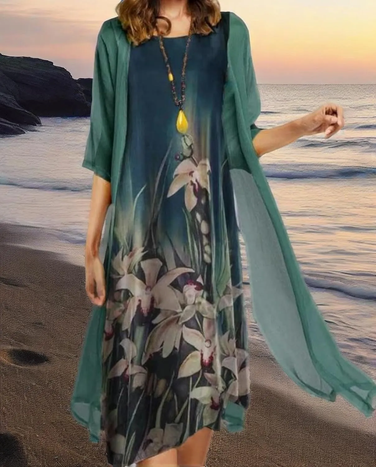 Womens Floral Print Midi Dress with Chiffon Cardigan Plus Size Sleeveless Two Piece Set for Wedding Guest Attire