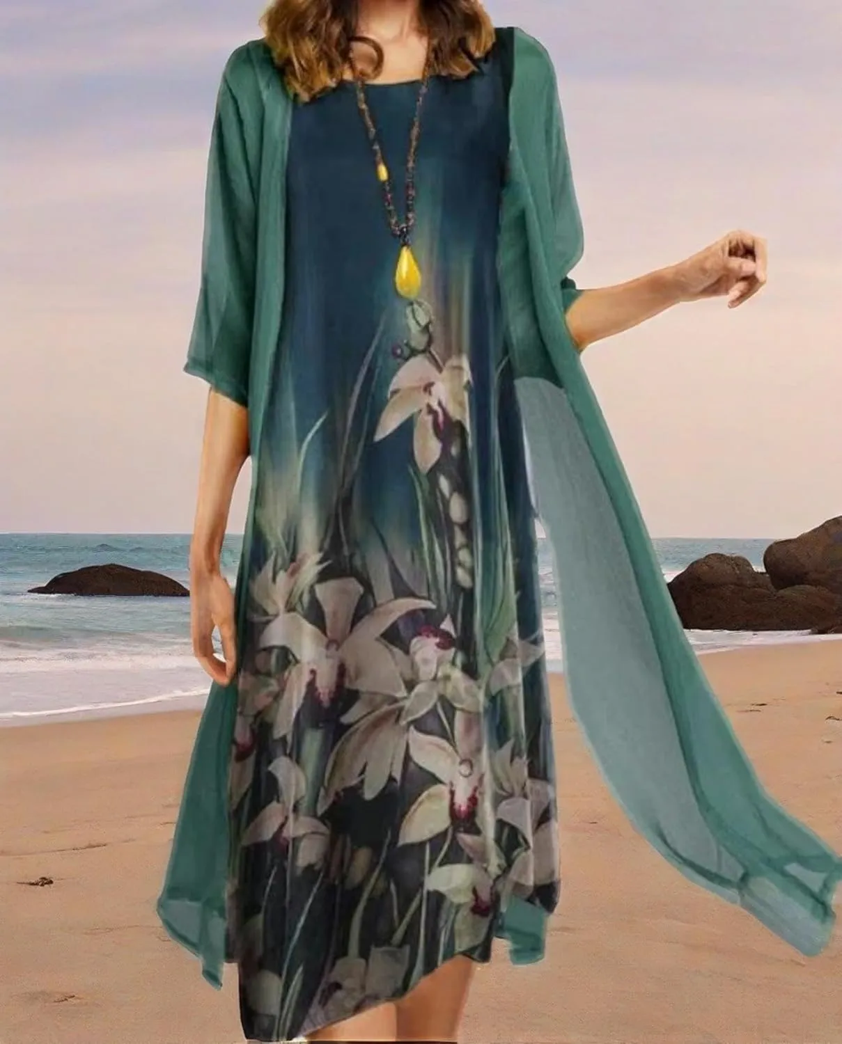Womens Floral Print Midi Dress with Chiffon Cardigan Plus Size Sleeveless Two Piece Set for Wedding Guest Attire