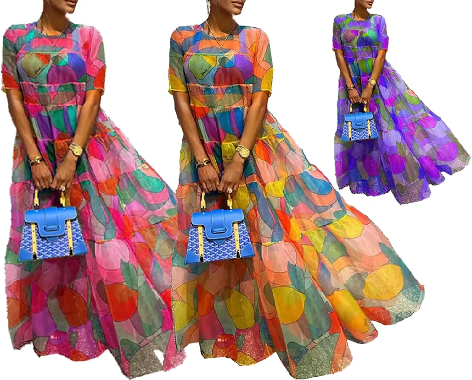 Womens Floral Sheer Mesh Flowy Maxi Dress Summer Casual Crew Neck Short Sleeve Dresses