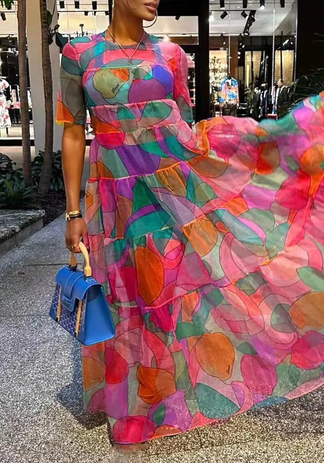 Womens Floral Sheer Mesh Flowy Maxi Dress Summer Casual Crew Neck Short Sleeve Dresses
