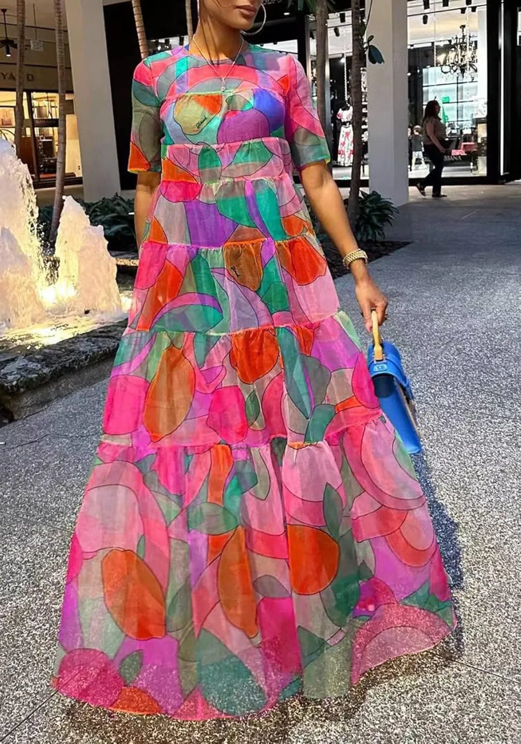 Womens Floral Sheer Mesh Flowy Maxi Dress Summer Casual Crew Neck Short Sleeve Dresses