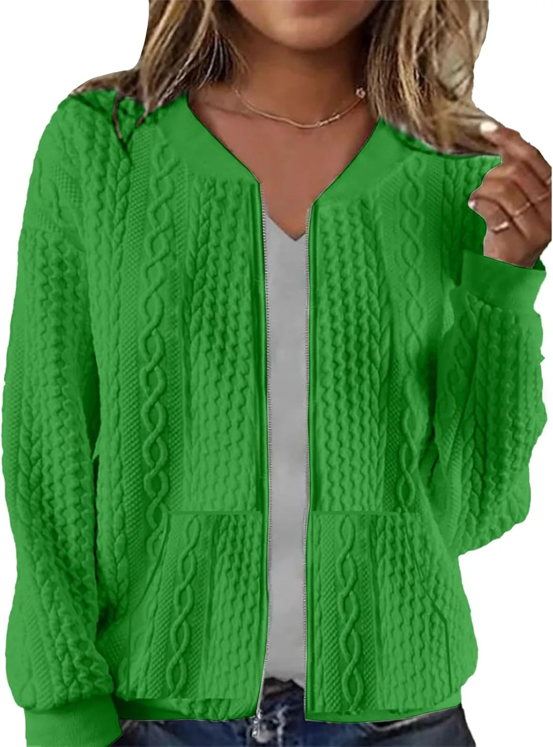 Womens Full Zip Up Cardigan Sweater Casual Solid Long Sleeve Sweatshirt Coat with Pocket