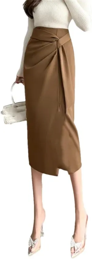 Women's High Waist Tie Slim Pencil Skirt Summer Elastic Waist Work Office Midi Skirt