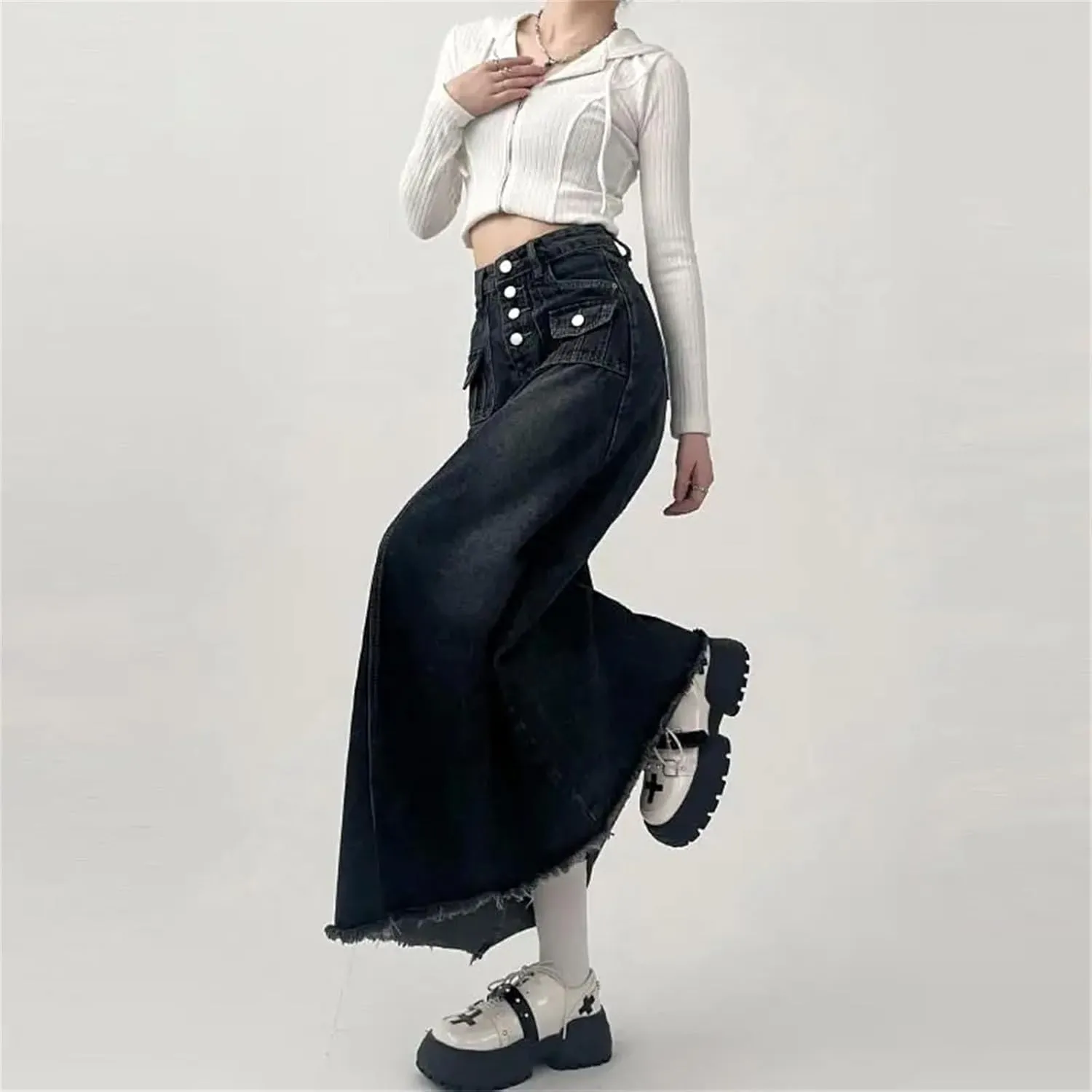 Women's High Waisted Cargo Denim Skirt A Line Mid Length Skirt Retro Raw Edge Y2k Clothing Korean Style