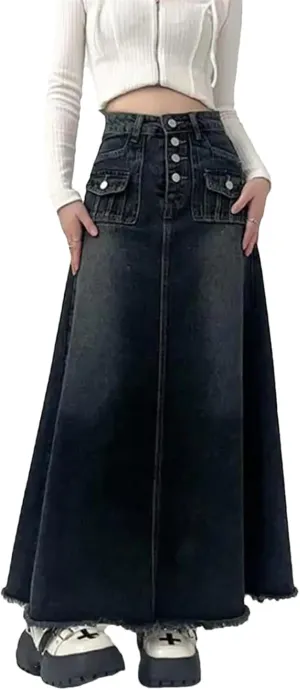Women's High Waisted Cargo Denim Skirt A Line Mid Length Skirt Retro Raw Edge Y2k Clothing Korean Style