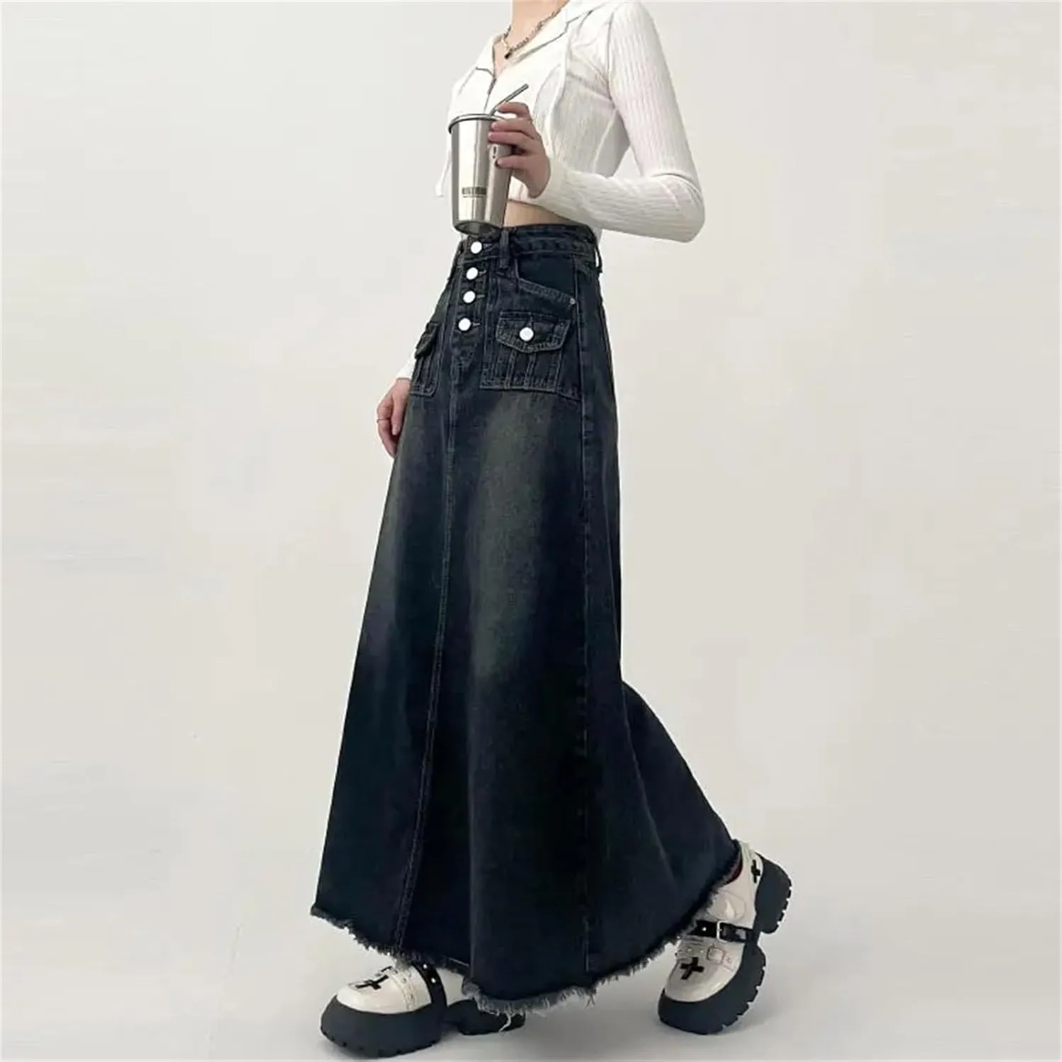Women's High Waisted Cargo Denim Skirt A Line Mid Length Skirt Retro Raw Edge Y2k Clothing Korean Style