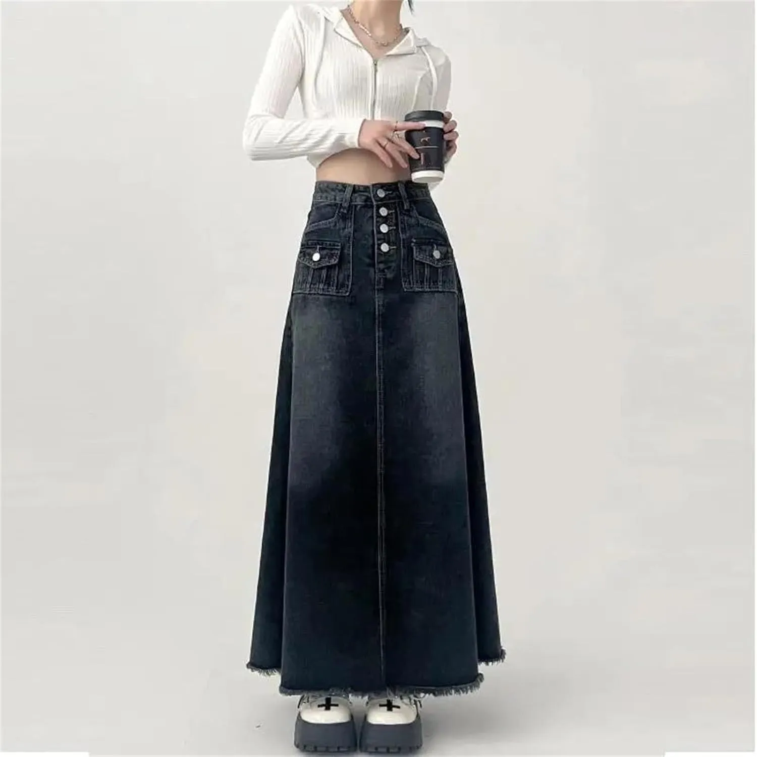Women's High Waisted Cargo Denim Skirt A Line Mid Length Skirt Retro Raw Edge Y2k Clothing Korean Style