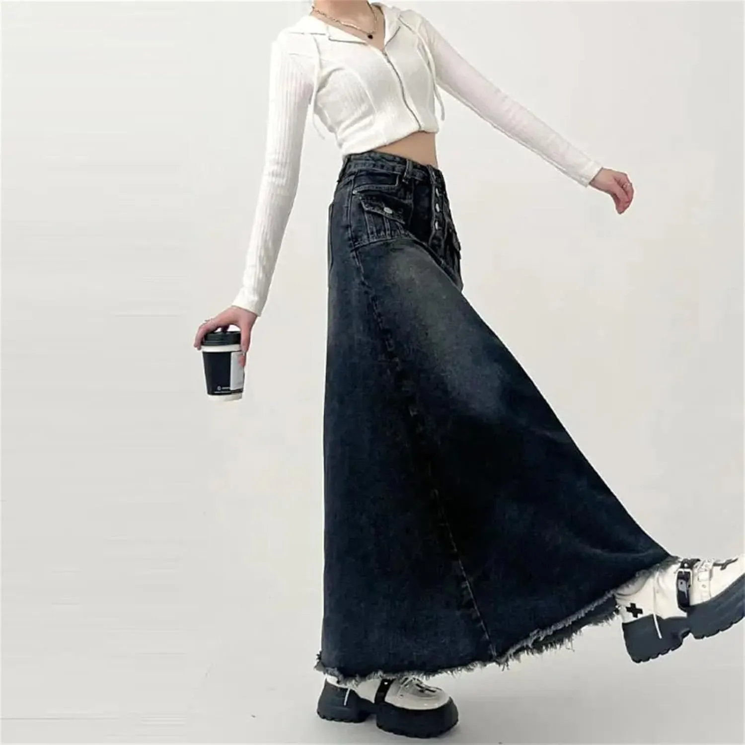 Women's High Waisted Cargo Denim Skirt A Line Mid Length Skirt Retro Raw Edge Y2k Clothing Korean Style