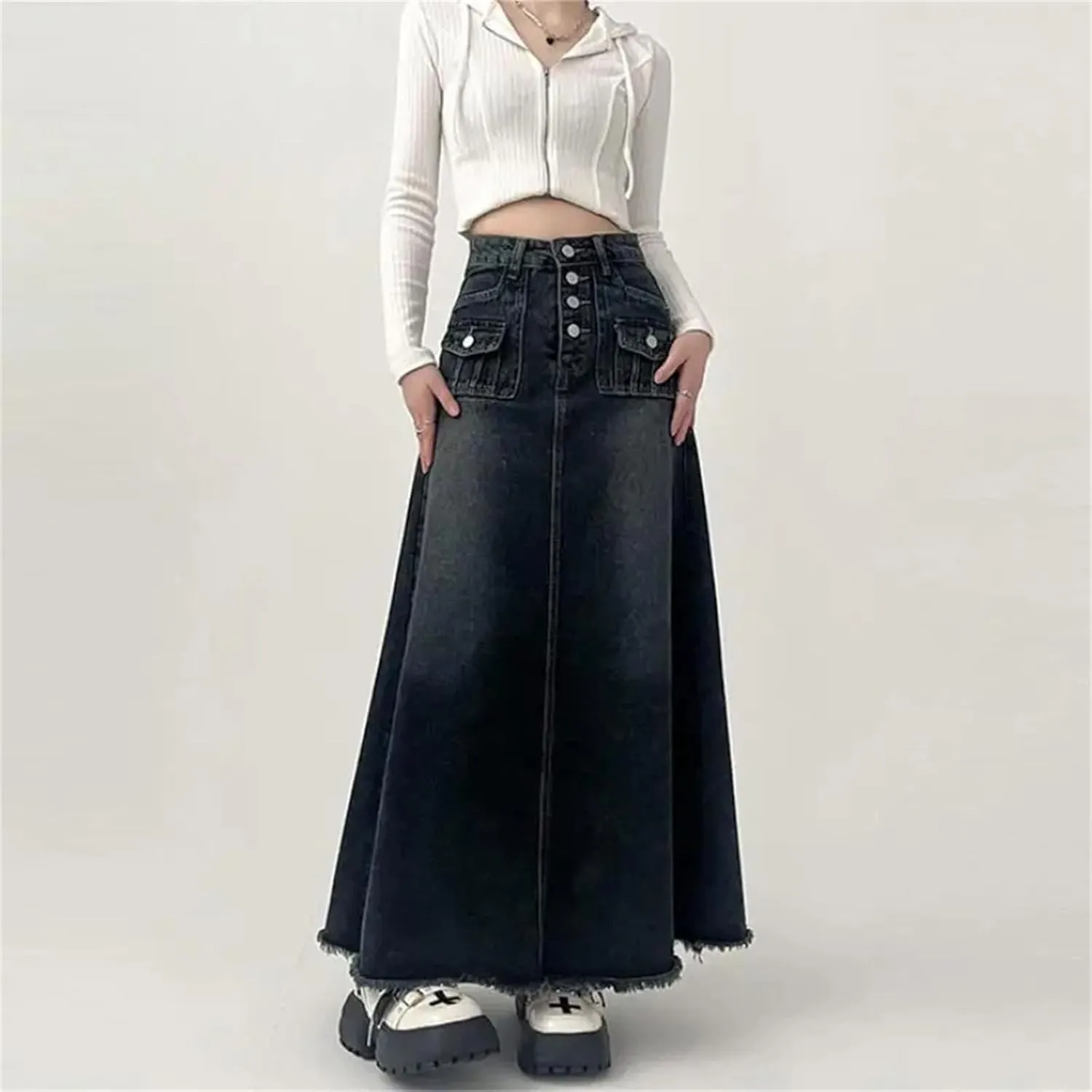 Women's High Waisted Cargo Denim Skirt A Line Mid Length Skirt Retro Raw Edge Y2k Clothing Korean Style