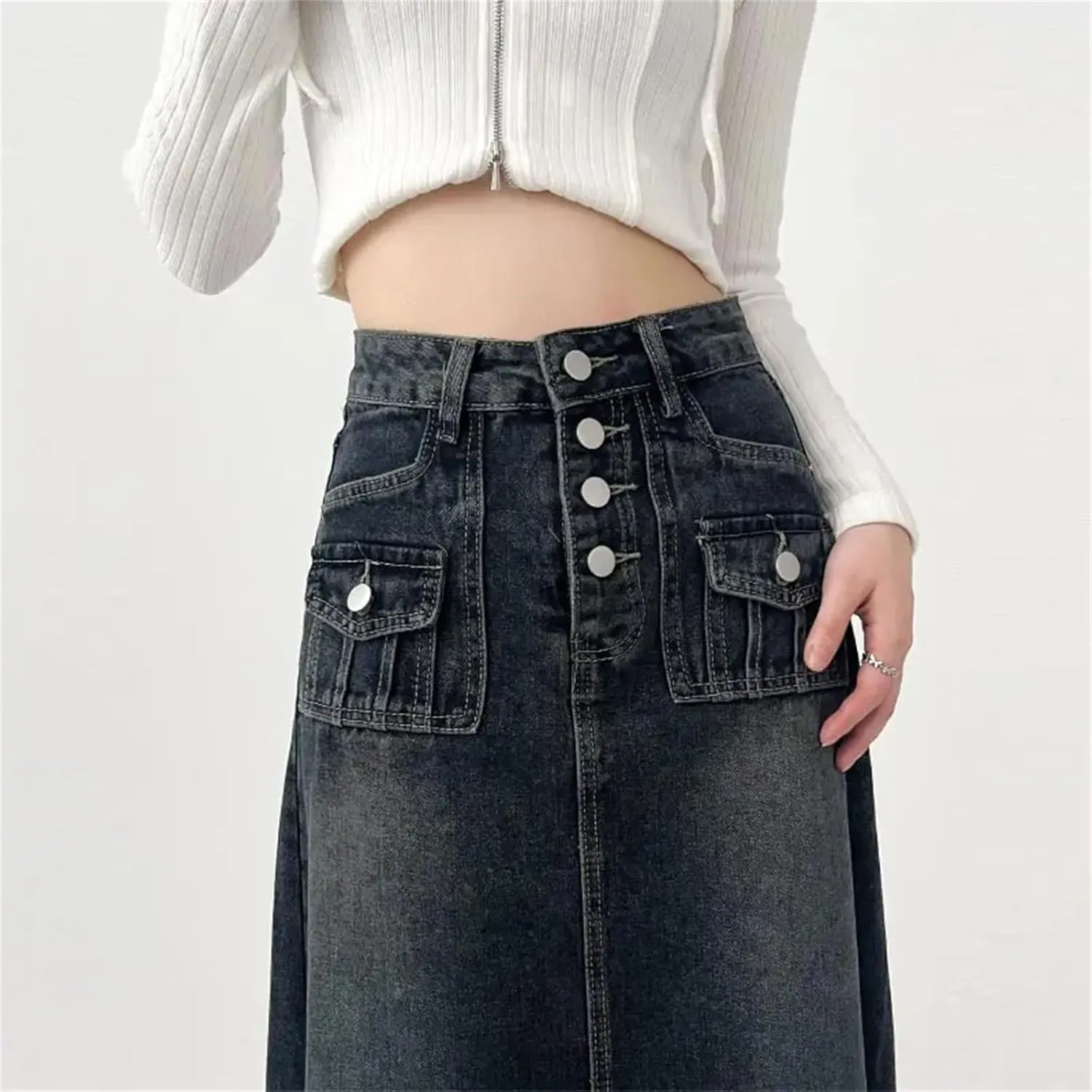 Women's High Waisted Cargo Denim Skirt A Line Mid Length Skirt Retro Raw Edge Y2k Clothing Korean Style
