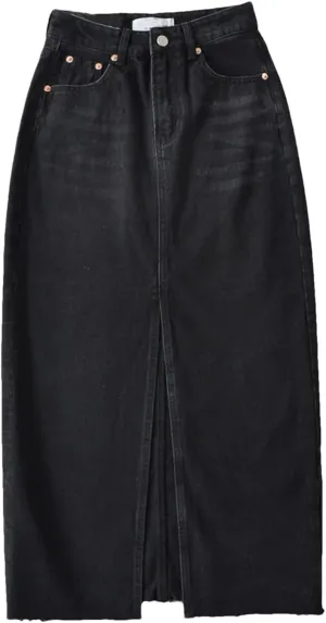 Women's High Waisted Front Slit Denim Skirt Y2K Korean Style Vintage Skirts Midi Jeans Dress