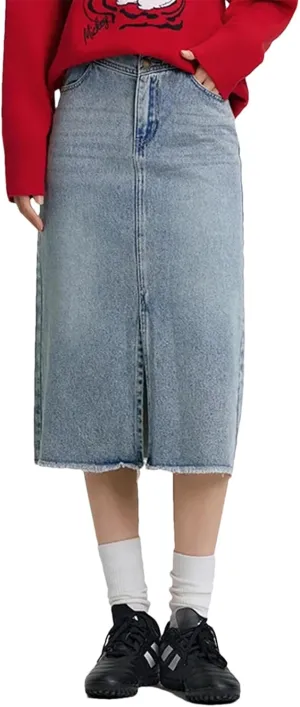Women's High Waisted Slit Straight Denim Skirts Lady Office Regulai Fit Non Strech Jean Skirt