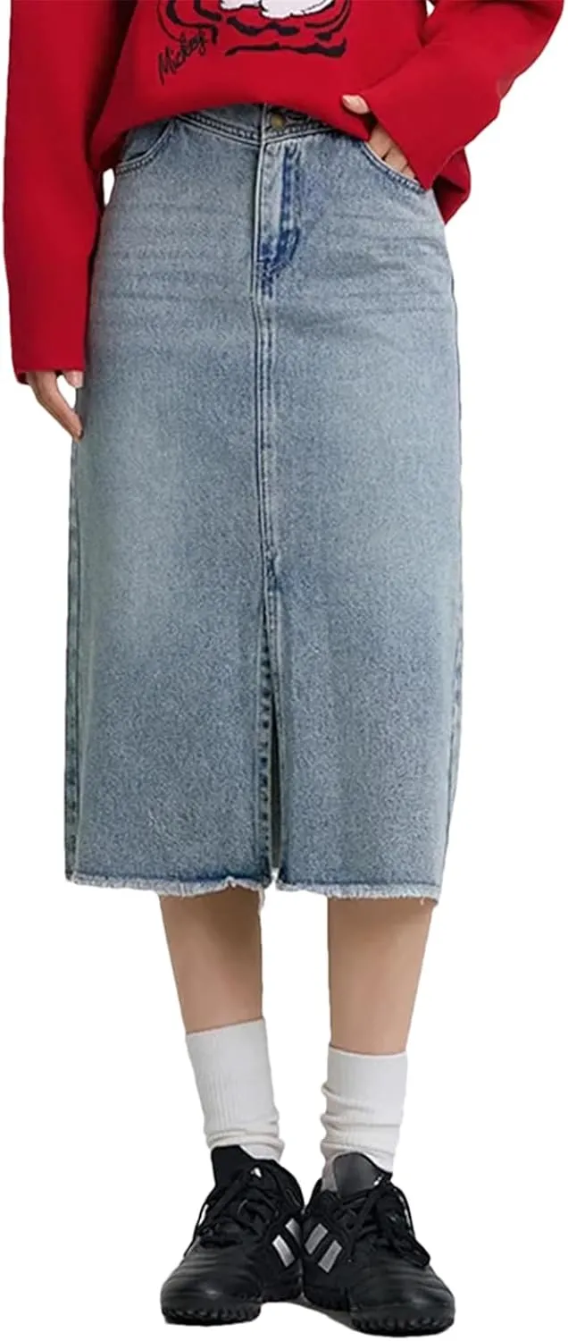 Women's High Waisted Slit Straight Denim Skirts Lady Office Regulai Fit Non Strech Jean Skirt