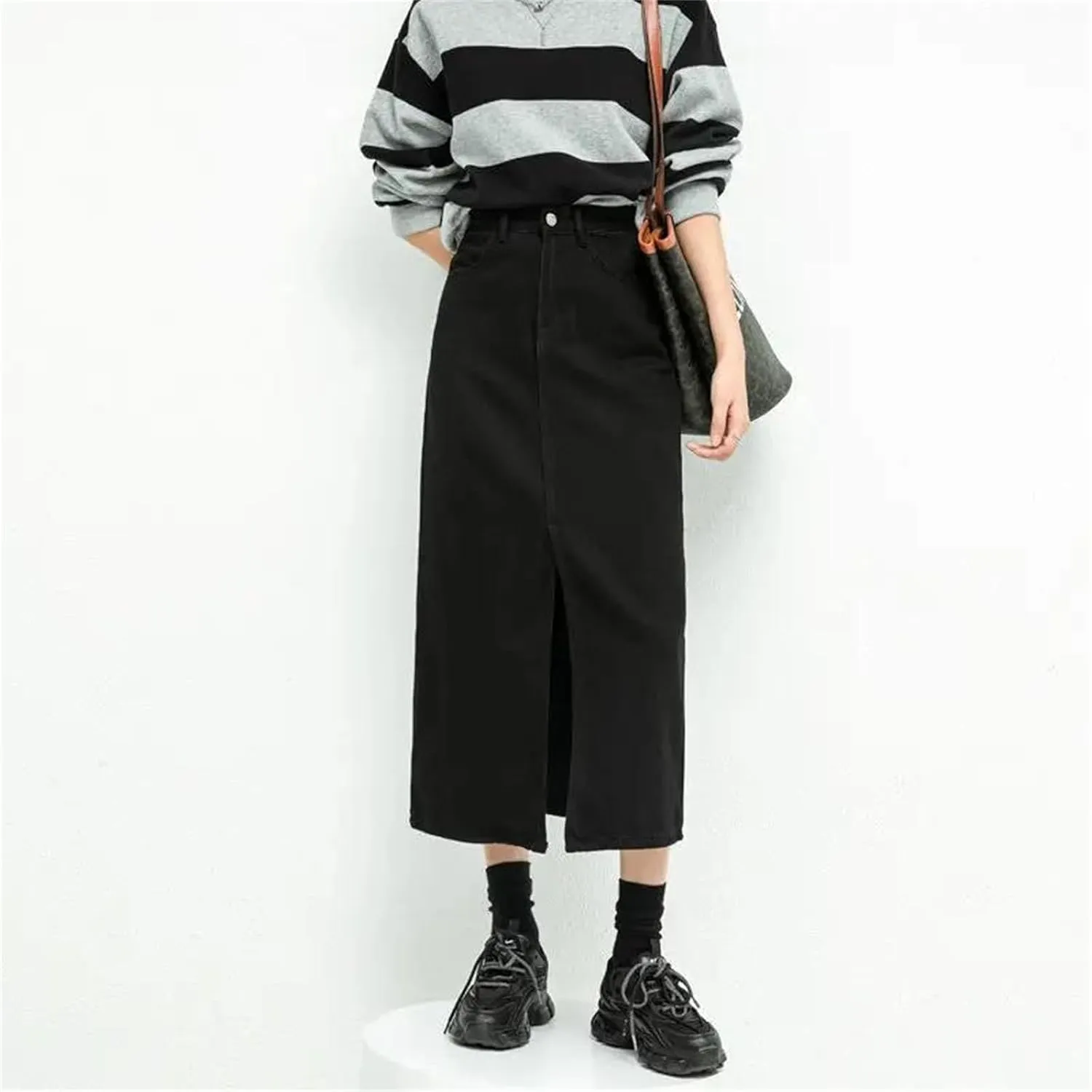 Women's High Waisted Split Loose A Line Denim Skirt Korean Fashion Black Mid Length Skirts