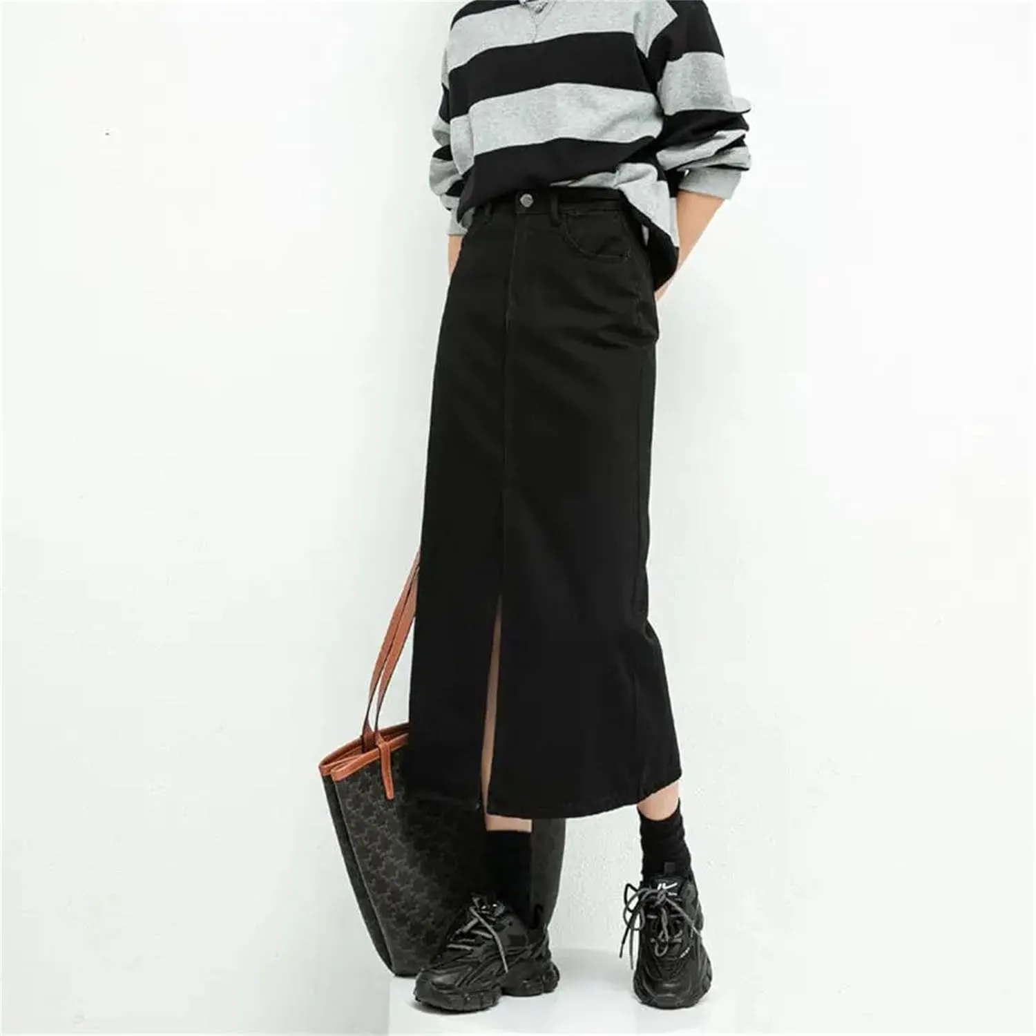 Women's High Waisted Split Loose A Line Denim Skirt Korean Fashion Black Mid Length Skirts