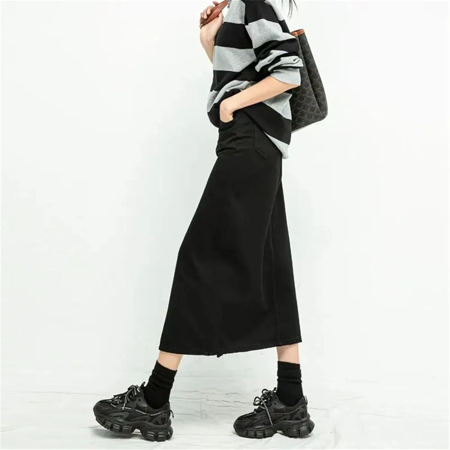 Women's High Waisted Split Loose A Line Denim Skirt Korean Fashion Black Mid Length Skirts