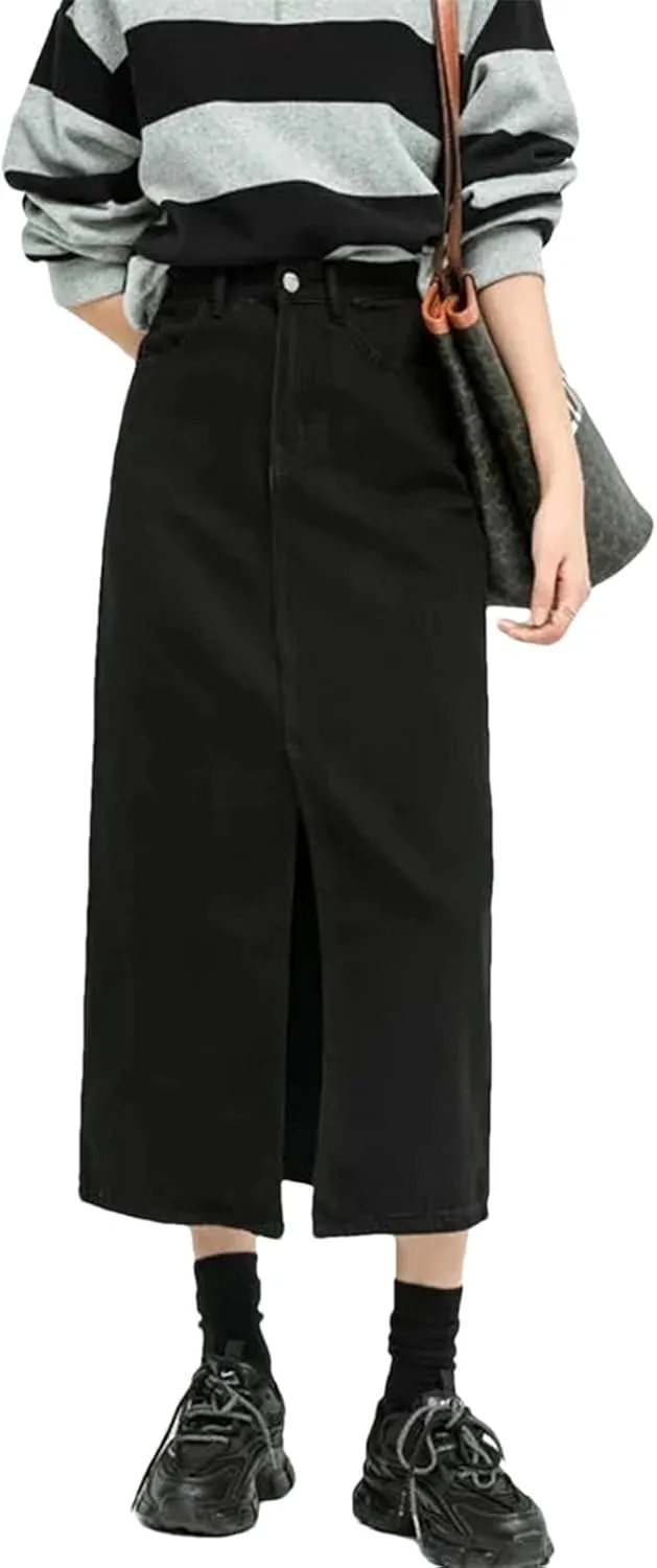 Women's High Waisted Split Loose A Line Denim Skirt Korean Fashion Black Mid Length Skirts