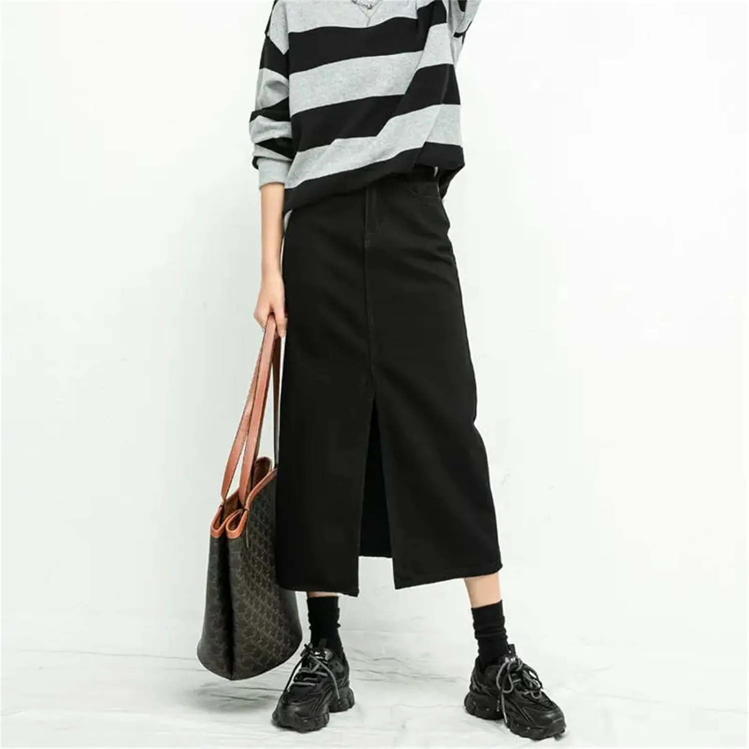 Women's High Waisted Split Loose A Line Denim Skirt Korean Fashion Black Mid Length Skirts