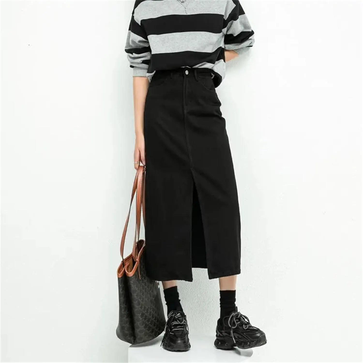 Women's High Waisted Split Loose A Line Denim Skirt Korean Fashion Black Mid Length Skirts