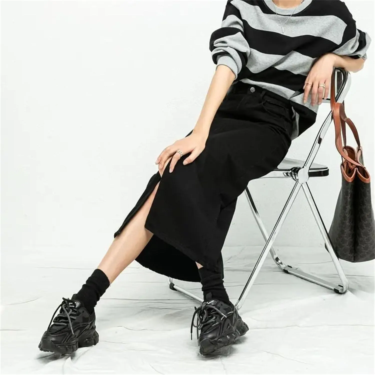 Women's High Waisted Split Loose A Line Denim Skirt Korean Fashion Black Mid Length Skirts