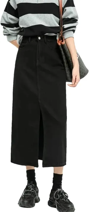 Women's High Waisted Split Loose A Line Denim Skirt Korean Fashion Black Mid Length Skirts