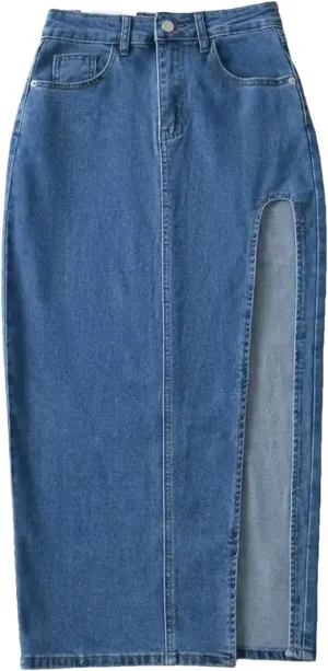 Women's High Waisted Split Thigh Sexy Denim Midi Skirt Summer Vintage Blue Jeans Skirt