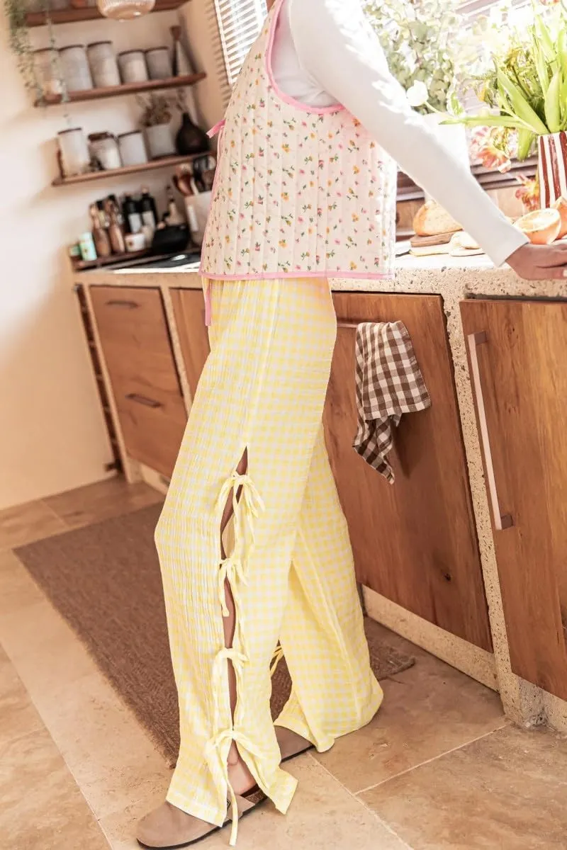 Womens Lounge Bowknot Tie Gingham Pajama Pants Preppy Plaid Sleep Pj Pants Cut Out Side Slit Aesthetic Long Pants