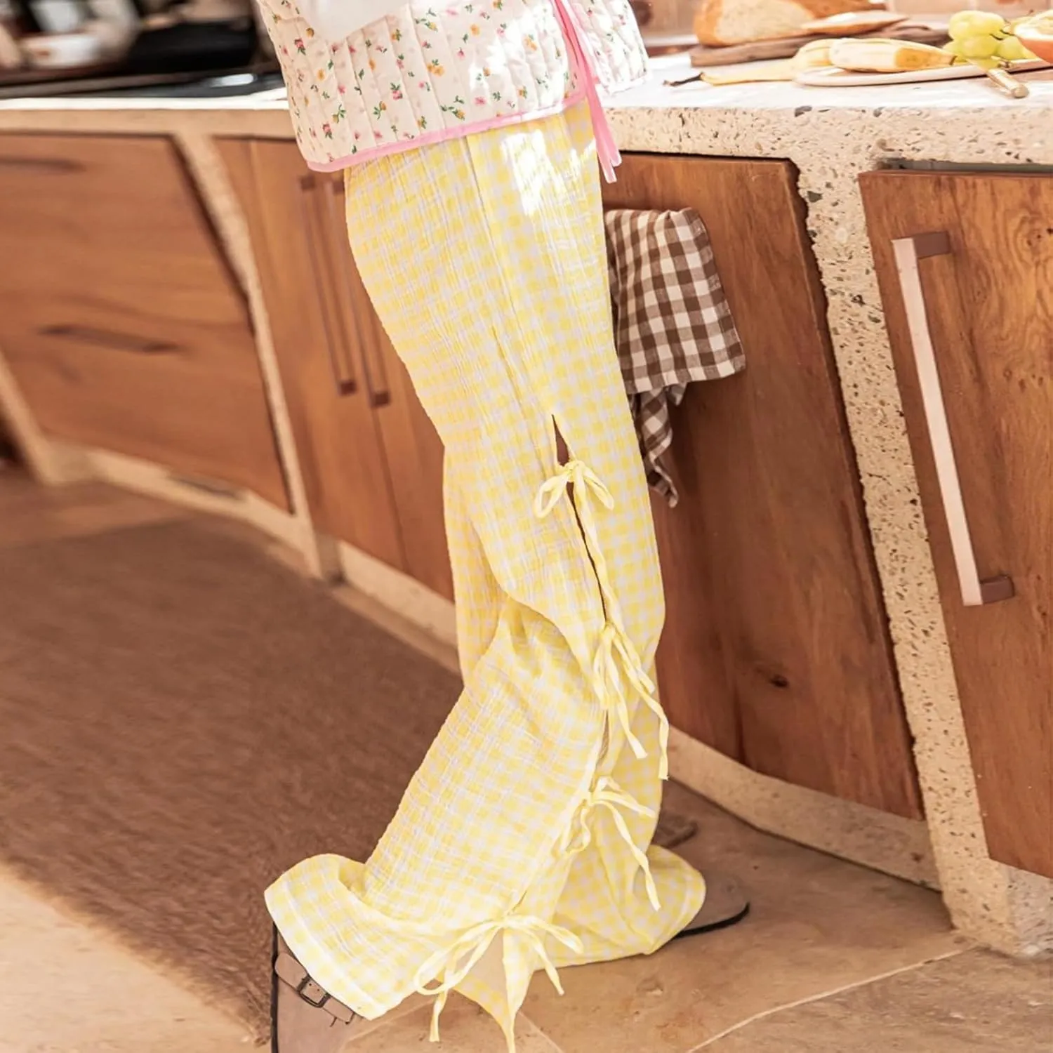 Womens Lounge Bowknot Tie Gingham Pajama Pants Preppy Plaid Sleep Pj Pants Cut Out Side Slit Aesthetic Long Pants