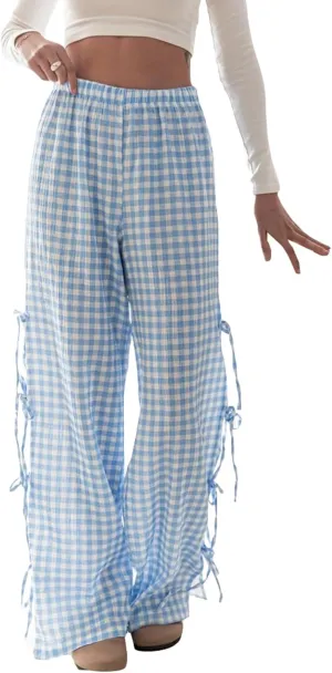 Womens Lounge Bowknot Tie Gingham Pajama Pants Preppy Plaid Sleep Pj Pants Cut Out Side Slit Aesthetic Long Pants