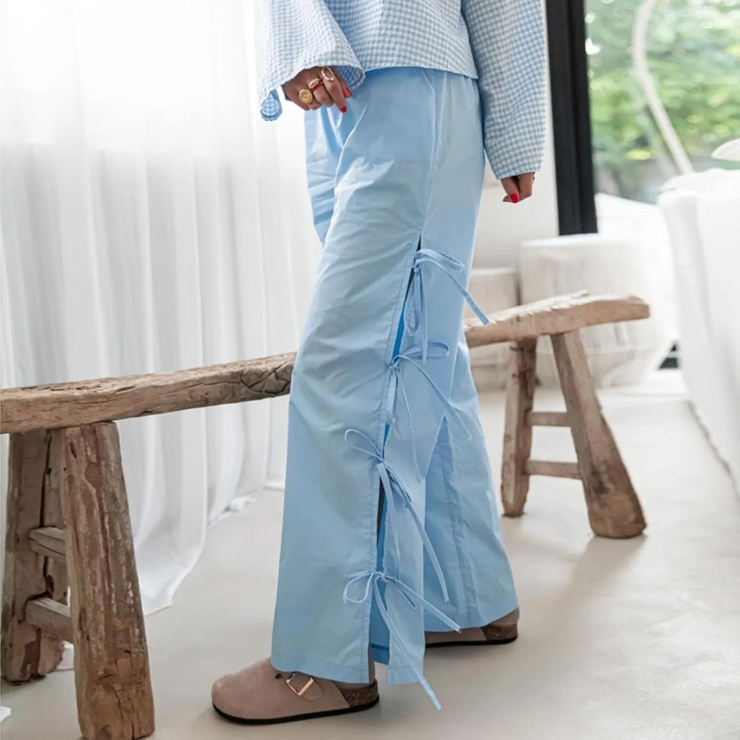 Womens Lounge Bowknot Tie Gingham Pajama Pants Preppy Plaid Sleep Pj Pants Cut Out Side Slit Aesthetic Long Pants