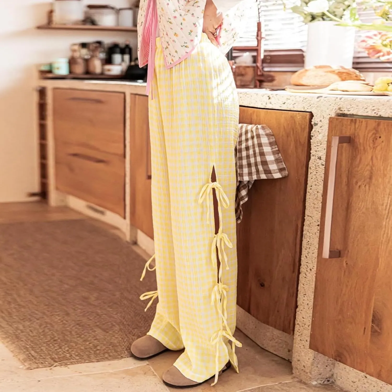 Womens Lounge Bowknot Tie Gingham Pajama Pants Preppy Plaid Sleep Pj Pants Cut Out Side Slit Aesthetic Long Pants