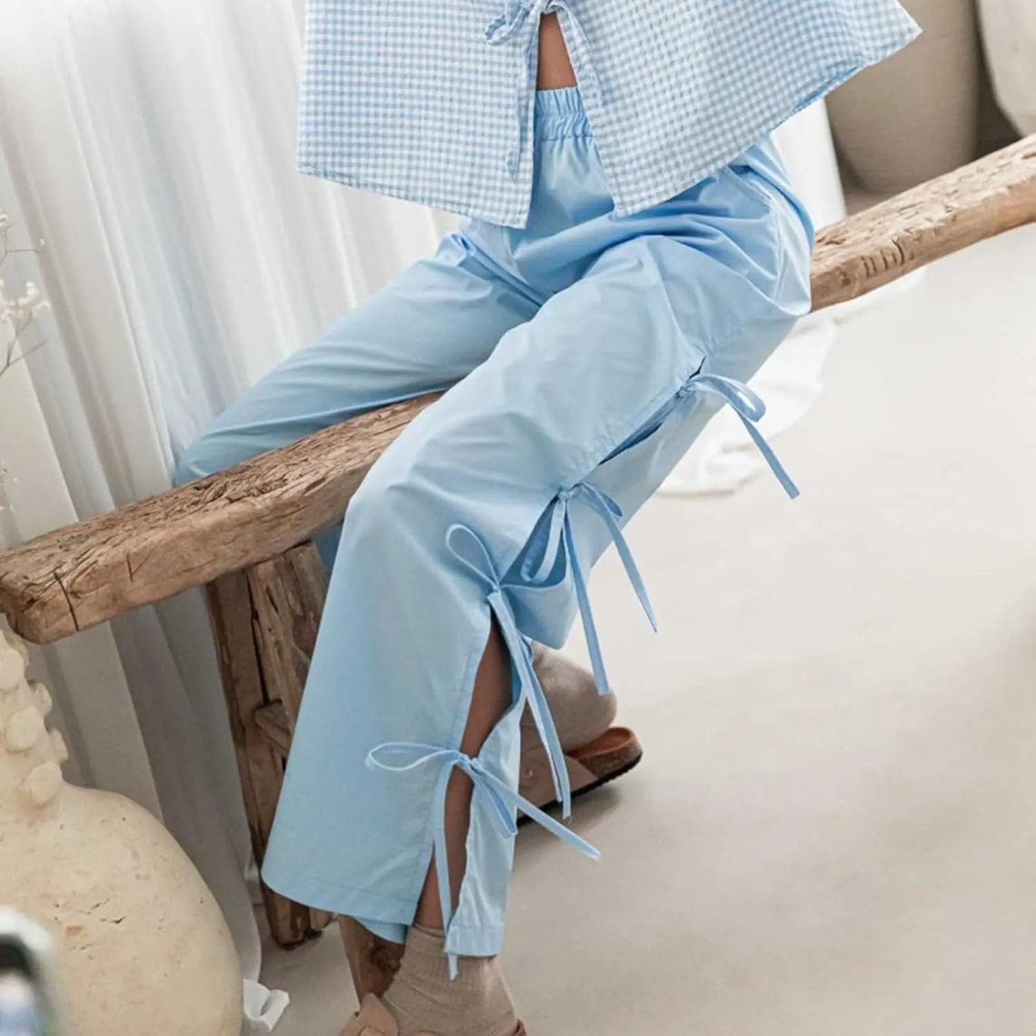 Womens Lounge Bowknot Tie Gingham Pajama Pants Preppy Plaid Sleep Pj Pants Cut Out Side Slit Aesthetic Long Pants