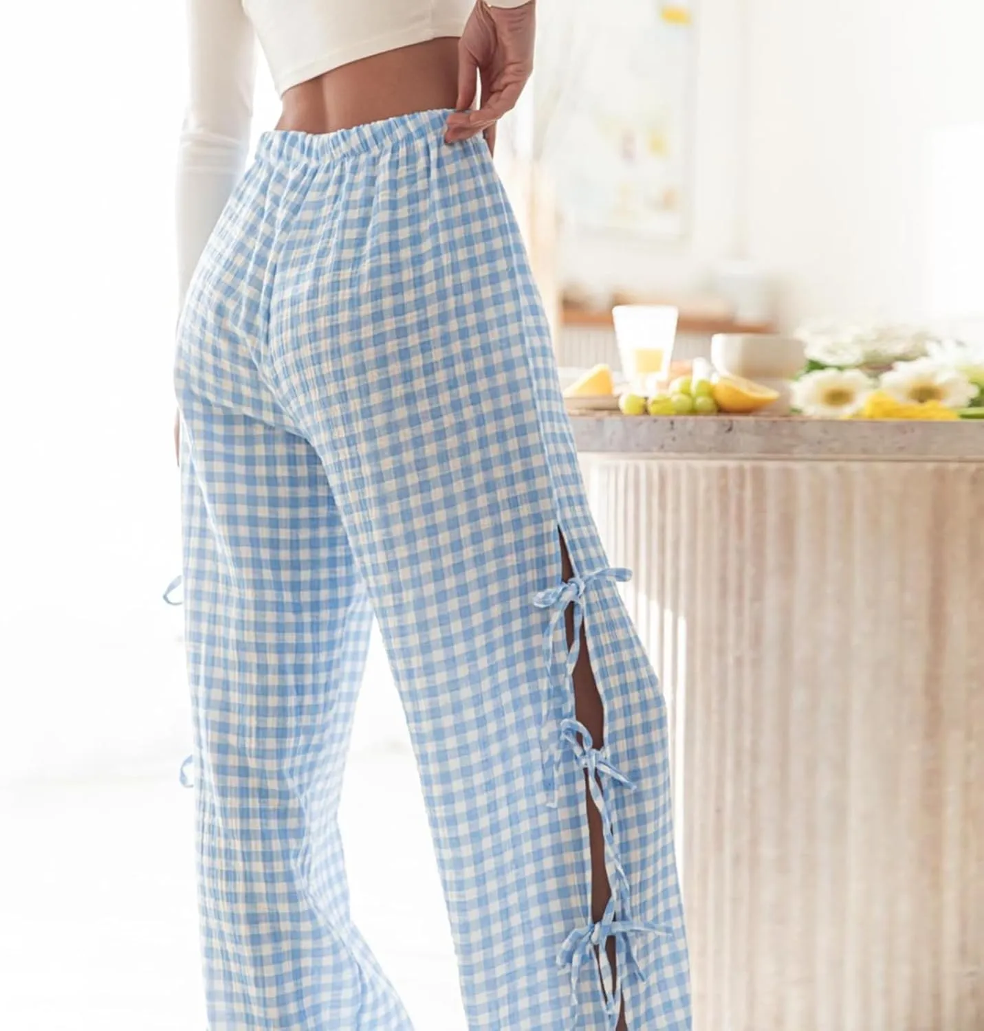 Womens Lounge Bowknot Tie Gingham Pajama Pants Preppy Plaid Sleep Pj Pants Cut Out Side Slit Aesthetic Long Pants